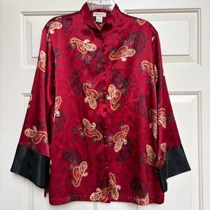 Jones New York Asian Paisley Satin Mandarin Collar Blouse Contrast Cuffs M Tunic